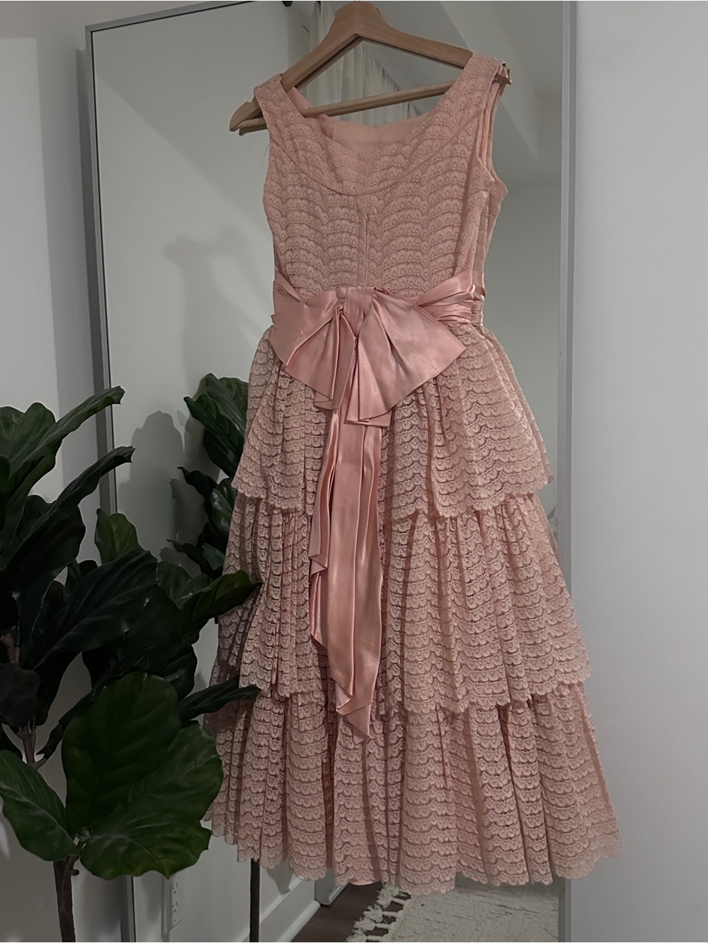 Girls' Pink Tiered Lace Formal Dress with Satin Sash